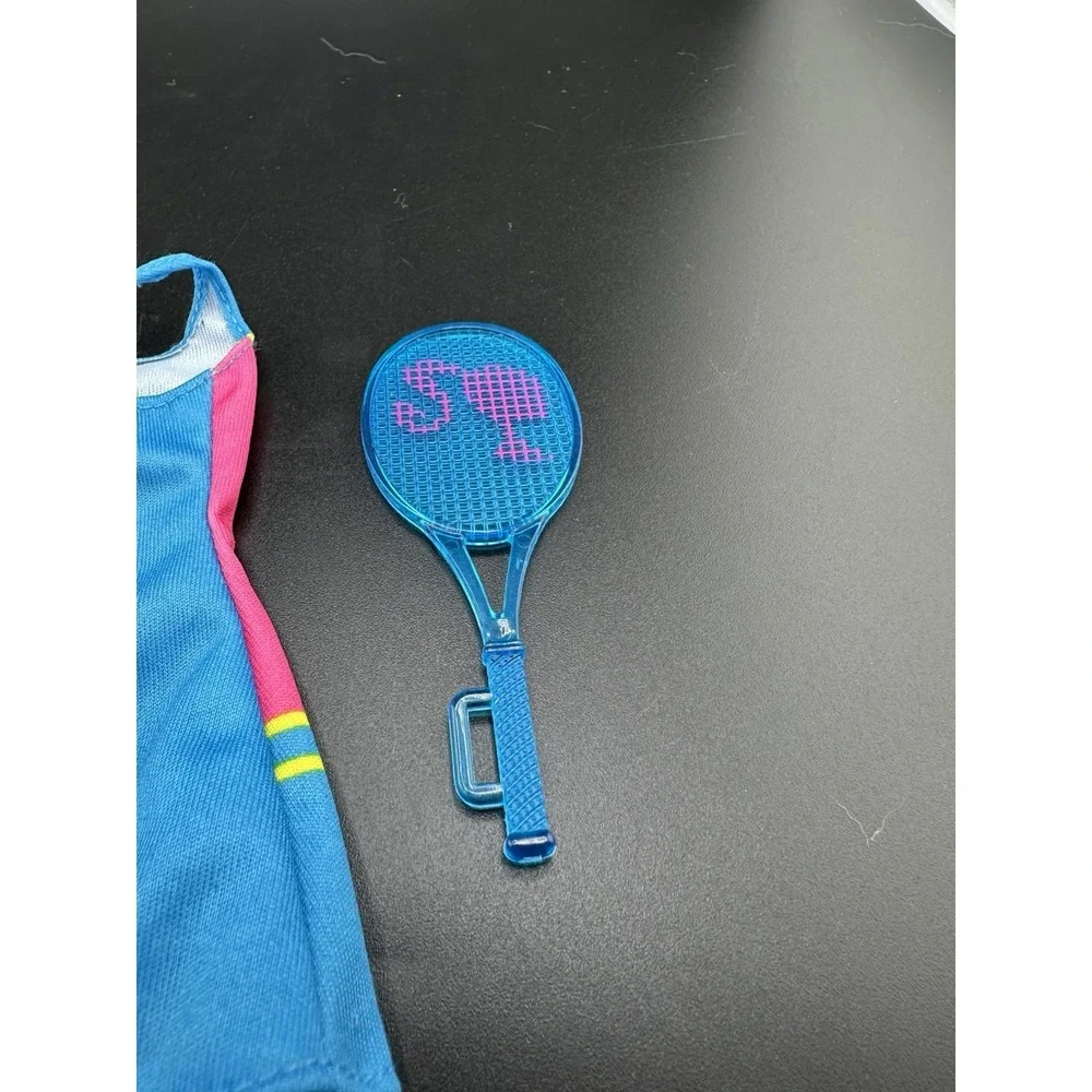 Vtg Mattel BARBIE Doll Blue  Pink Yellow Sleeveless Mini Tennis Dress And Racket